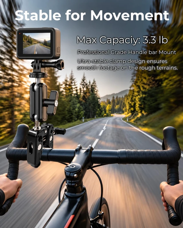 Alt view image 4 of 6 - Super Clamp Camera Mount with Dual Ball Head & Adapter for GoPro | Adjustable Aluminum Clip with 1/4" Screw, Action Camera Mount for Bike Handlebar Pole Tube, LED Light, Small Monitor