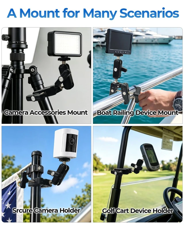 Alt view image 6 of 6 - Super Clamp Camera Mount with Dual Ball Head & Adapter for GoPro | Adjustable Aluminum Clip with 1/4" Screw, Action Camera Mount for Bike Handlebar Pole Tube, LED Light, Small Monitor