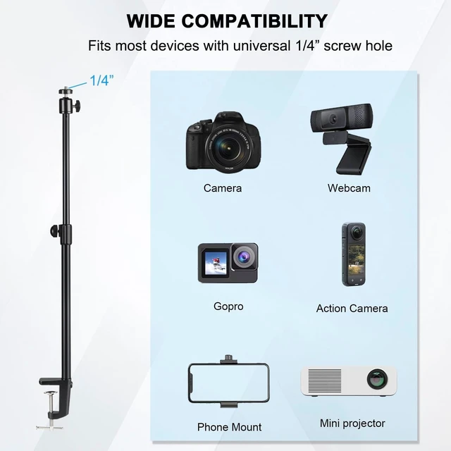 Alt view image 3 of 7 - Camera Desk Mount, Overhead Desk Camera Stand 19"- 32" Adjustable Desk Webcam Arm Light Stand for DSLR Camera, Ring Light, Live Streaming, Photo Video Shooting