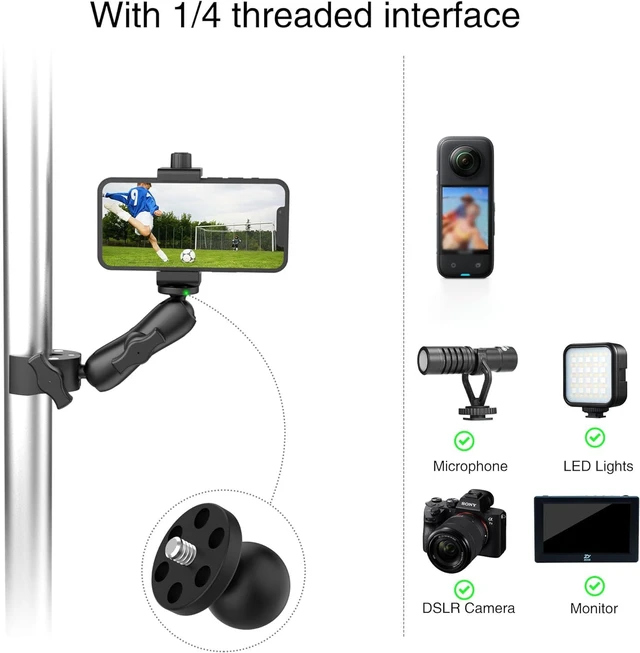 Alt view image 2 of 6 - Taisioner Super Camera Clamp Mount 3.6" Socket Arm 360°Ball Head Magic Arm 1/4" Thread for Canon Nikon/Digital Camera/DSLR/Gopro/Insta360/LED Light(Gopro Adapter,Phone Holder)