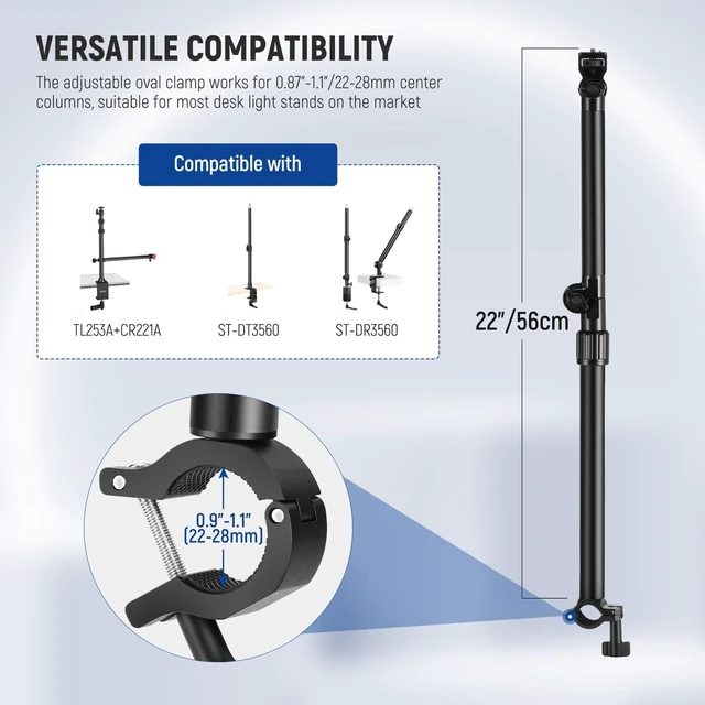 Alt view image 4 of 7 - Overhead Camera Mount with Phone Clip | 22"/56cm Clamp on Flexible Holding Arm for Desk Stand, 180°& 360° Adjustable Fits 0.87"-1.1" Tubes