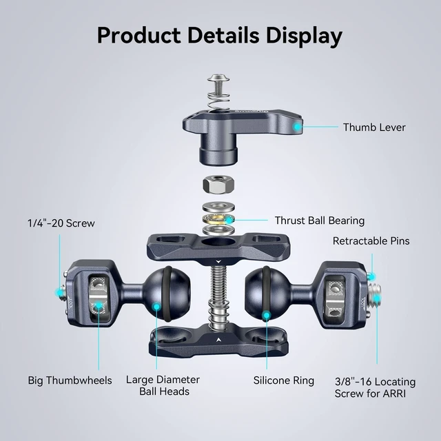 Alt view image 4 of 7 - Articulating Magic Arm, 3/8"-16 Screw for ARRI & 1/4"-20 Screw | With retractable pins. 360° rotation, 12 lb load for monitors, cameras, lights.