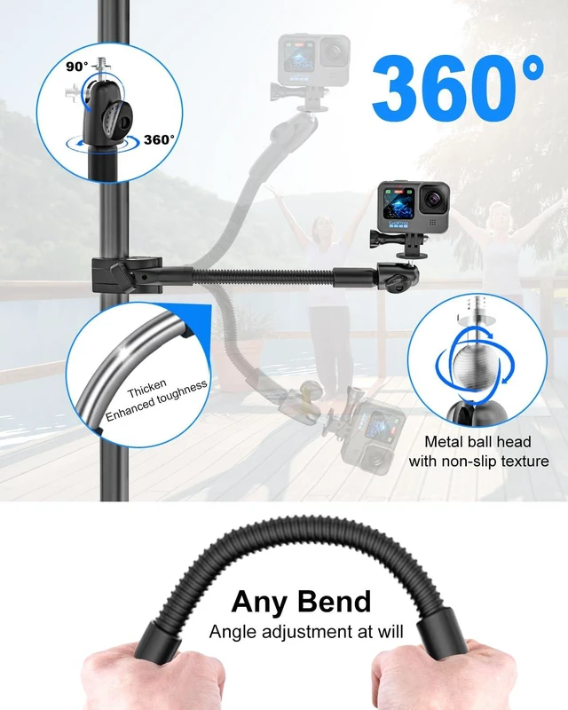 Alt view image 5 of 7 - Gooseneck Clamp Camera Mount, Flexible Gopro Clamp Mount Kit | with 1/4 3/8" 5/8" Screw, for Handlebar, Desk, Tube, Cross Bar, for GoPro Hero 13, Insta 360, Action Camera, Logitech Webcam