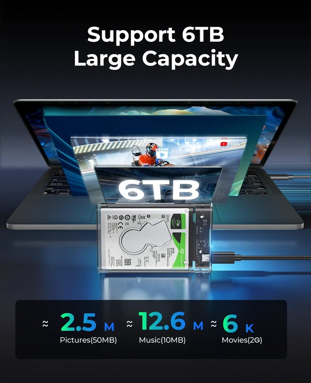 Alt view image 5 of 7 - 2.5'' Hard Drive Enclosure Type-C USB 3.1 Gen2 to SATA 6Gbps Computer External HDD Enclosure for 7 9.5mm HDD SSD Support UASP Compatible with MacOS Windows -2139C3-G2