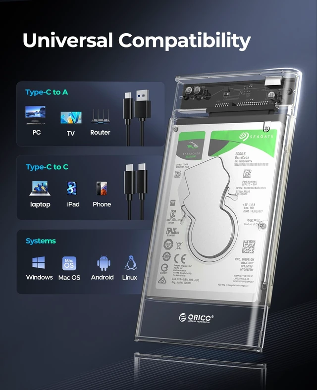 Alt view image 7 of 7 - 2.5'' Hard Drive Enclosure Type-C USB 3.1 Gen2 to SATA 6Gbps Computer External HDD Enclosure for 7 9.5mm HDD SSD Support UASP Compatible with MacOS Windows -2139C3-G2