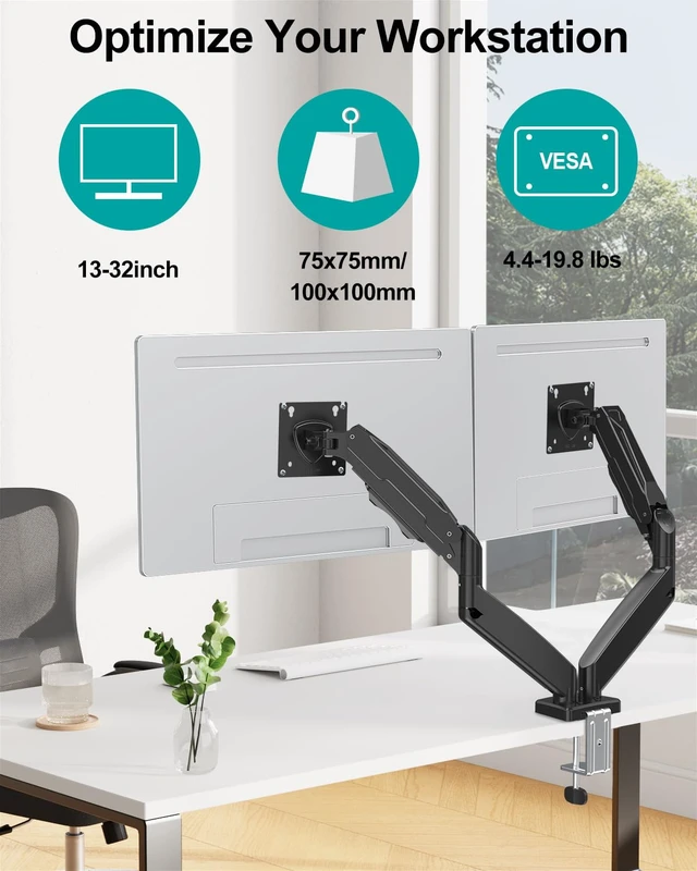 Alt view image 2 of 7 - MOUNT PRO Dual Monitor Mount Fits 13 to 32 Inch Screen, Height Adjustable Monitor Stand for 2 Monitors, Full Motion Display Arm Holds up to 19.8lbs Each, Computer Desk VESA Mount, Black