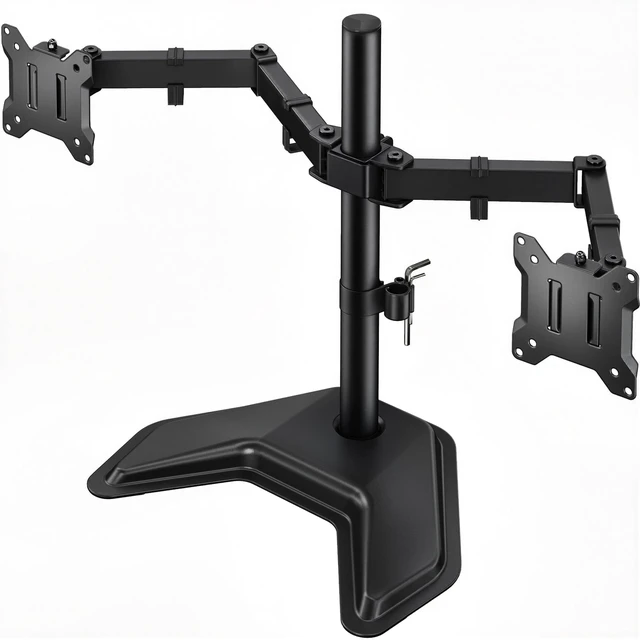 Main image of monTEK Freestanding Dual Monitor Stand for 17-32" Screens, 22 lbs Each | Solid V-shaped base, dual-screen full-motion arms, height adjustment, tilt, swivel, rotation and VESA 75/100