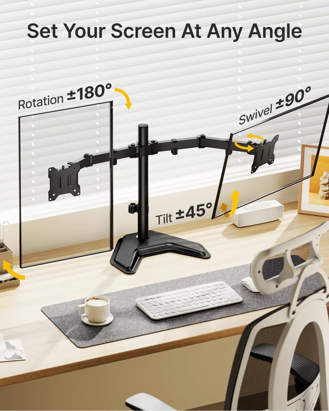 Alt view image 3 of 7 - monTEK Freestanding Dual Monitor Stand for 17-32" Screens, 22 lbs Each | Solid V-shaped base, dual-screen full-motion arms, height adjustment, tilt, swivel, rotation and VESA 75/100