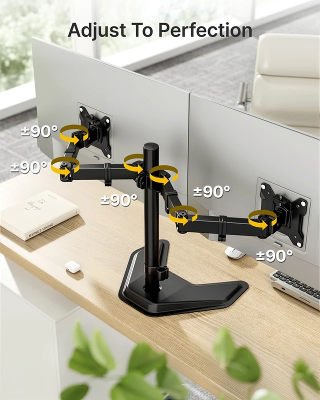 Alt view image 5 of 7 - monTEK Freestanding Dual Monitor Stand for 17-32" Screens, 22 lbs Each | Solid V-shaped base, dual-screen full-motion arms, height adjustment, tilt, swivel, rotation and VESA 75/100