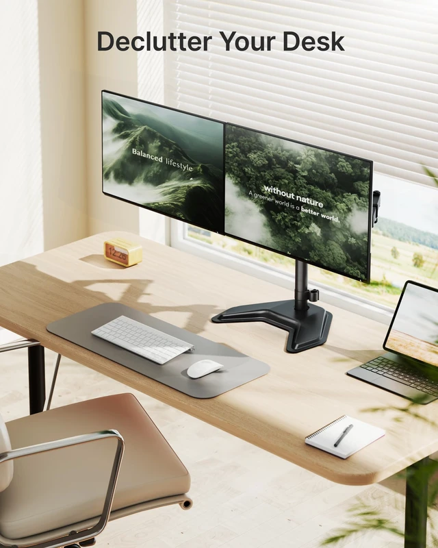 Alt view image 6 of 7 - monTEK Freestanding Dual Monitor Stand for 17-32" Screens, 22 lbs Each | Solid V-shaped base, dual-screen full-motion arms, height adjustment, tilt, swivel, rotation and VESA 75/100