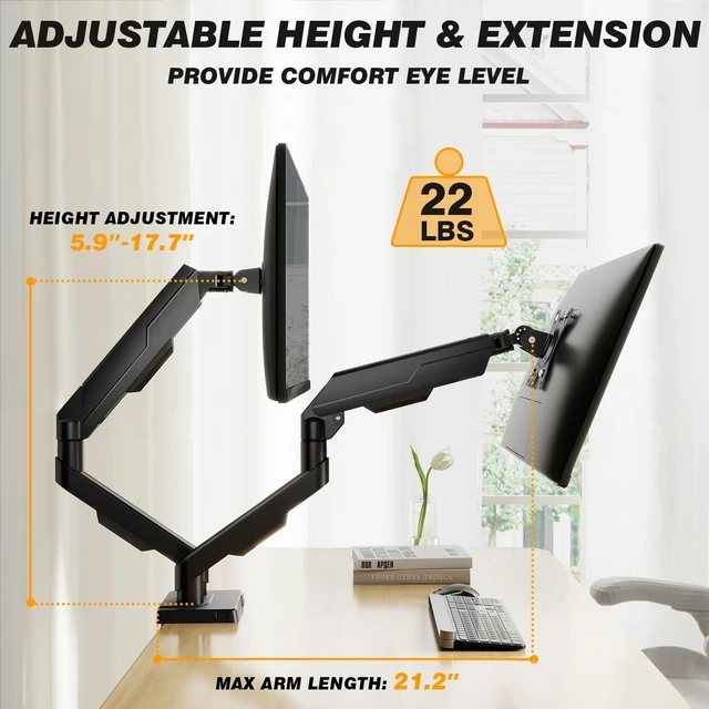 Alt view image 3 of 7 - Dual Monitor Stand for 17-34 Inch Computer Screens | Gas Spring Full Motion Dual Arms, Each Holds 22lbs, Fits 75/100mm VESA Mount