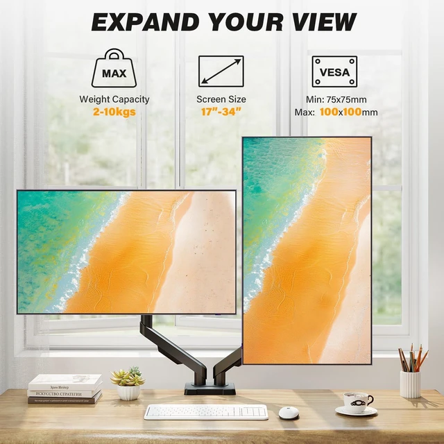 Alt view image 6 of 7 - Dual Monitor Stand for 17-34 Inch Computer Screens | Gas Spring Full Motion Dual Arms, Each Holds 22lbs, Fits 75/100mm VESA Mount