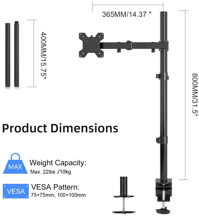 Alt view image 2 of 7 - Suptek Single Monitor Arm Desk Mount Fully Adjustable Monitor Stand for 1 / One Screen up to 32 inch Extra Tall 31.5 inch Pole,Black (MD6821)