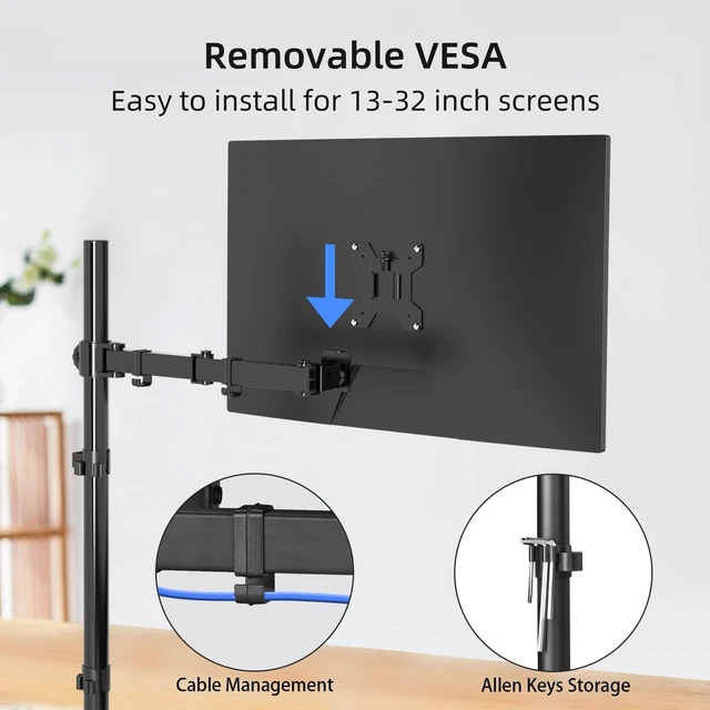 Alt view image 5 of 7 - Suptek Single Monitor Arm Desk Mount Fully Adjustable Monitor Stand for 1 / One Screen up to 32 inch Extra Tall 31.5 inch Pole,Black (MD6821)