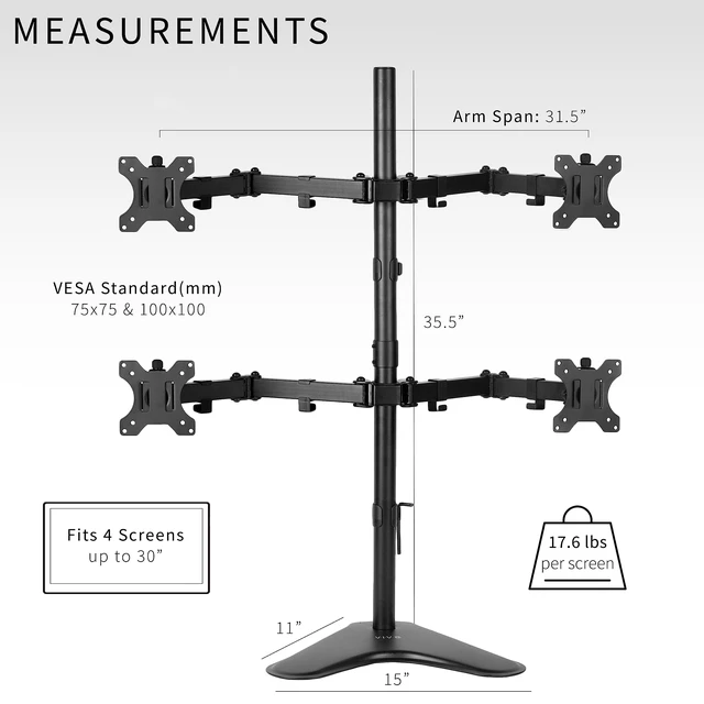 Alt view image 6 of 7 - VIVO Quad 13 to 30 inch Monitor Free-Standing Mount, Fully Adjustable Desk Stand, Holds 4 Flat or Curved Display Screens, STAND-V004F