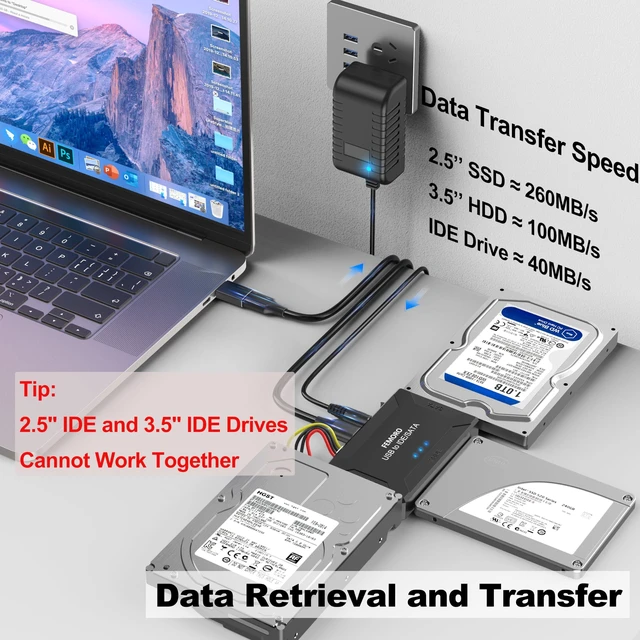 Alt view image 2 of 7 - Hard Drive Reader USB 3.0 & Type C to SATA IDE Adapter, Data Recovery Kit | External Converter for 2.5"/3.5" HDD/SSD, Internal Hard Disk and Blu-ray Drive, Up to 20TB, with 12V/2A Power Supply