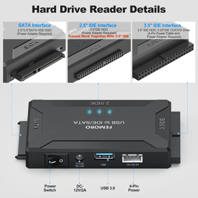 Alt view image 4 of 7 - Hard Drive Reader USB 3.0 & Type C to SATA IDE Adapter, Data Recovery Kit | External Converter for 2.5"/3.5" HDD/SSD, Internal Hard Disk and Blu-ray Drive, Up to 20TB, with 12V/2A Power Supply