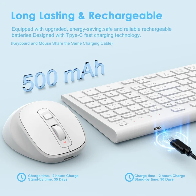Alt view image 2 of 7 - Rechargeable Wireless Keyboard and Mouse, with Number Pad White | Quiet Silent, Slim Thin Flat Low Profile Soft Key, USB C, with Skin Cover, Ergonomic Mouse, for Mac Windows PC, Home Office