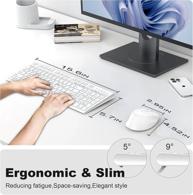 Alt view image 3 of 7 - Rechargeable Wireless Keyboard and Mouse, with Number Pad White | Quiet Silent, Slim Thin Flat Low Profile Soft Key, USB C, with Skin Cover, Ergonomic Mouse, for Mac Windows PC, Home Office