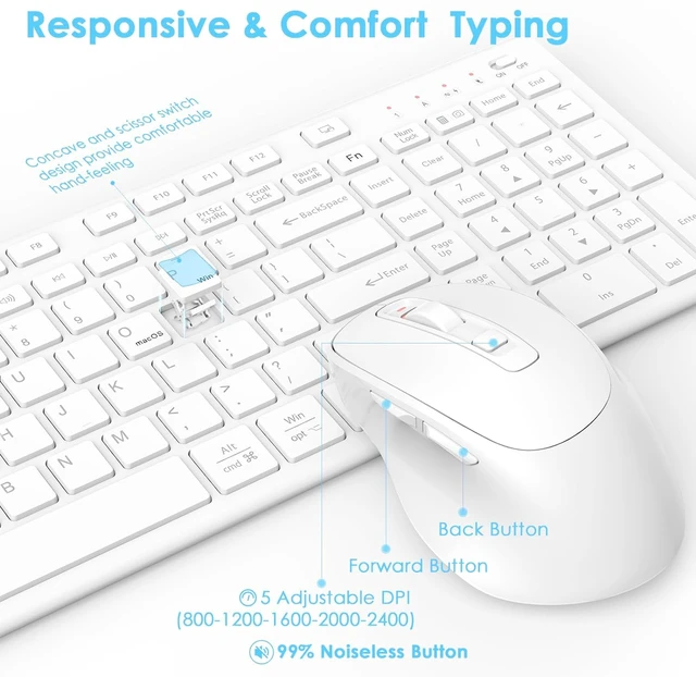 Alt view image 6 of 7 - Rechargeable Wireless Keyboard and Mouse, with Number Pad White | Quiet Silent, Slim Thin Flat Low Profile Soft Key, USB C, with Skin Cover, Ergonomic Mouse, for Mac Windows PC, Home Office