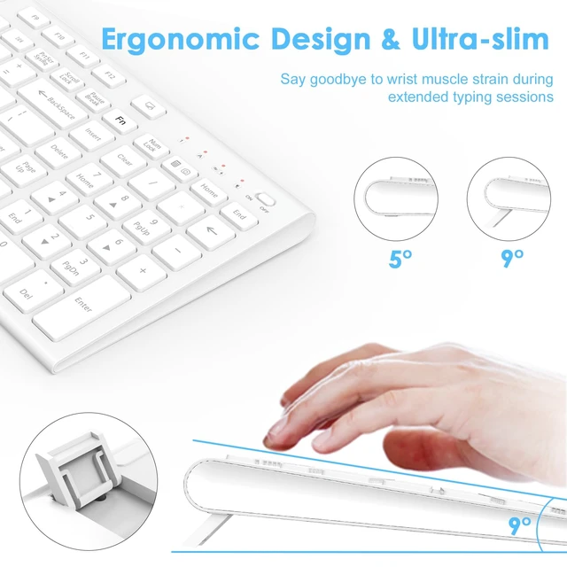 Alt view image 7 of 7 - Rechargeable Wireless Keyboard and Mouse, with Number Pad White | Quiet Silent, Slim Thin Flat Low Profile Soft Key, USB C, with Skin Cover, Ergonomic Mouse, for Mac Windows PC, Home Office