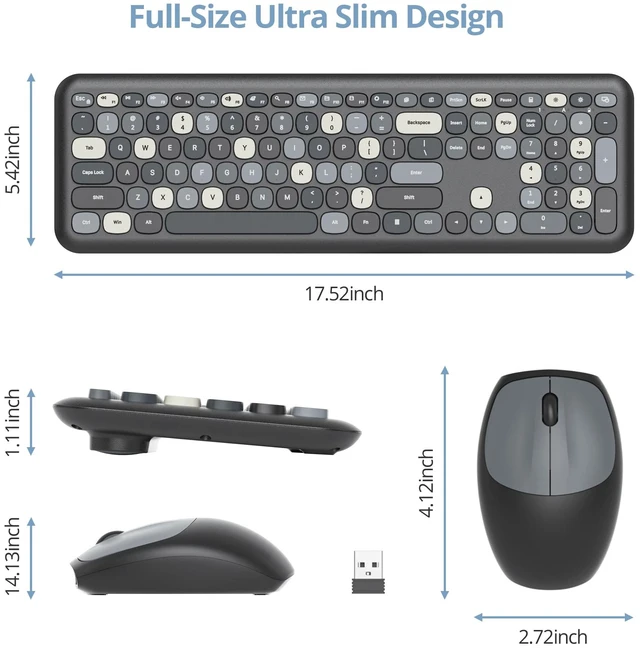 Alt view image 6 of 7 - Black White Wireless Keyboard and Mouse Combo, 2.4GHz Retro Typewriter Keyboard, Full Size Cute Key Board with Number Pad, Home and Office Silent Keyboards (Black Mixed)