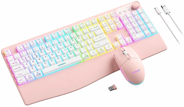 Main image of Wireless Bluetooth Keyboard Mouse Combo, 12 Backlit Modes, Ergonomic | 3-device switching, rechargeable, full size with volume knob and 5-DPI quiet mice for Windows Mac iPad, Pink White-COE500 Pro