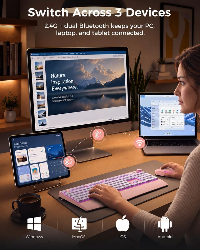 Alt view image 2 of 7 - Wireless Bluetooth Keyboard Mouse Combo, 12 Backlit Modes, Ergonomic | 3-device switching, rechargeable, full size with volume knob and 5-DPI quiet mice for Windows Mac iPad, Pink White-COE500 Pro
