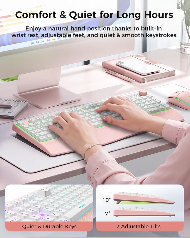 Alt view image 3 of 7 - Wireless Bluetooth Keyboard Mouse Combo, 12 Backlit Modes, Ergonomic | 3-device switching, rechargeable, full size with volume knob and 5-DPI quiet mice for Windows Mac iPad, Pink White-COE500 Pro