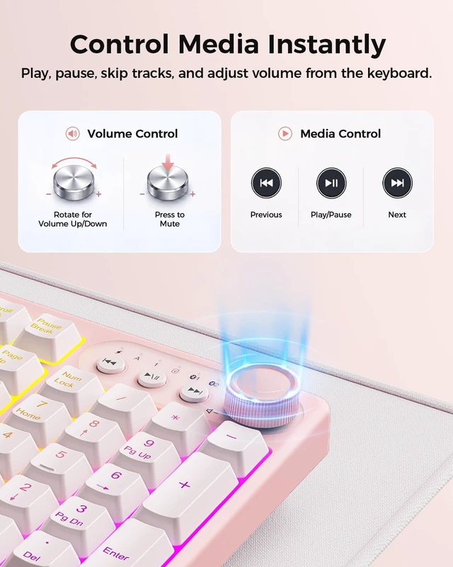 Alt view image 5 of 7 - Wireless Bluetooth Keyboard Mouse Combo, 12 Backlit Modes, Ergonomic | 3-device switching, rechargeable, full size with volume knob and 5-DPI quiet mice for Windows Mac iPad, Pink White-COE500 Pro
