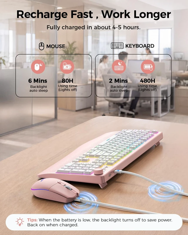 Alt view image 6 of 7 - Wireless Bluetooth Keyboard Mouse Combo, 12 Backlit Modes, Ergonomic | 3-device switching, rechargeable, full size with volume knob and 5-DPI quiet mice for Windows Mac iPad, Pink White-COE500 Pro