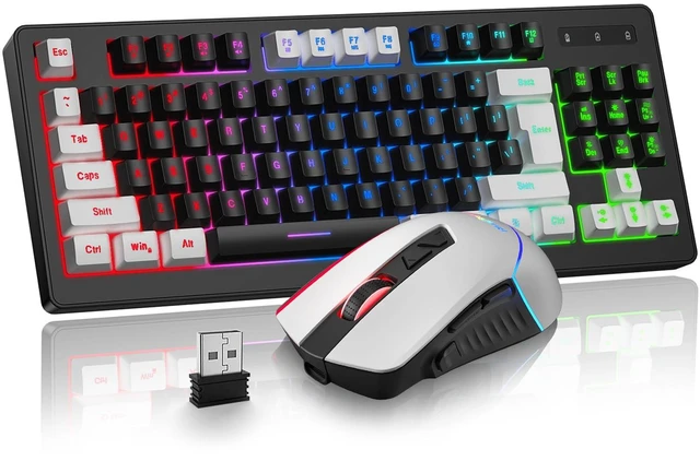Main image of BlueFinger Wireless Gaming Keyboard and Mouse Combo, RGB Rainbow Backlit Rechargeable Battery, 87 Keys TKL Light Up Keyboard with Ergonomic Gaming Mouse for Mac Laptop Computer PC Gamer(White & Black)