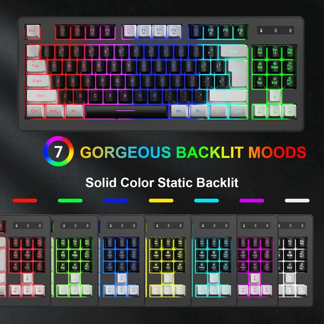 Alt view image 2 of 7 - BlueFinger Wireless Gaming Keyboard and Mouse Combo, RGB Rainbow Backlit Rechargeable Battery, 87 Keys TKL Light Up Keyboard with Ergonomic Gaming Mouse for Mac Laptop Computer PC Gamer(White & Black)