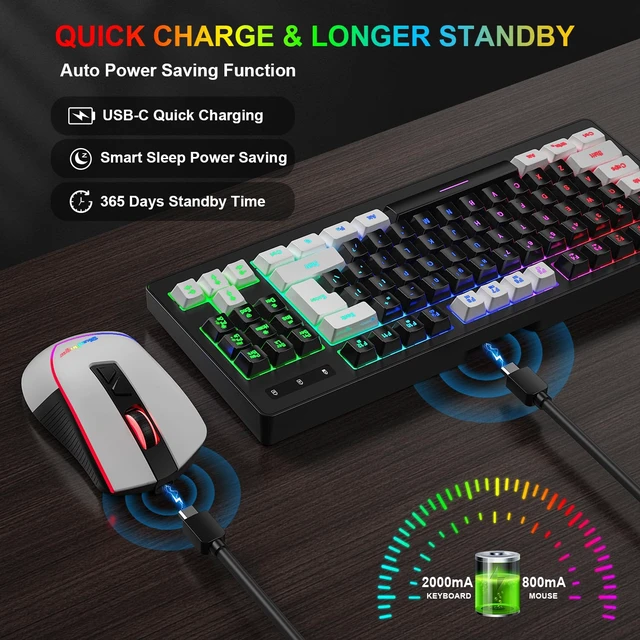 Alt view image 3 of 7 - BlueFinger Wireless Gaming Keyboard and Mouse Combo, RGB Rainbow Backlit Rechargeable Battery, 87 Keys TKL Light Up Keyboard with Ergonomic Gaming Mouse for Mac Laptop Computer PC Gamer(White & Black)