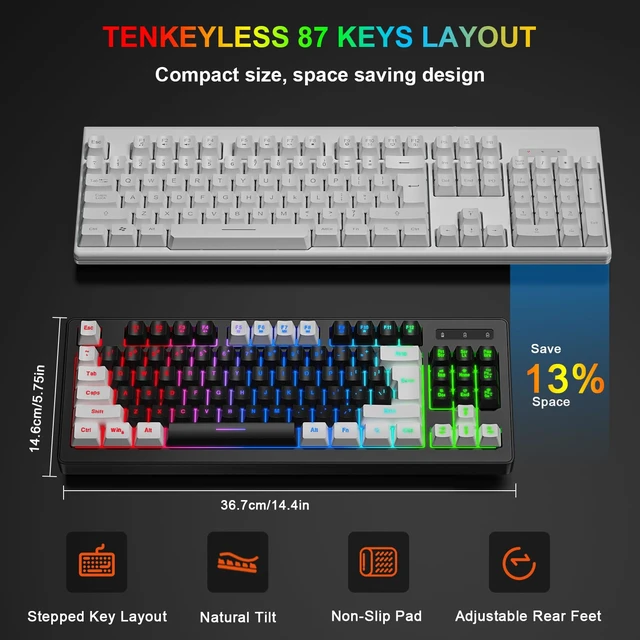 Alt view image 4 of 7 - BlueFinger Wireless Gaming Keyboard and Mouse Combo, RGB Rainbow Backlit Rechargeable Battery, 87 Keys TKL Light Up Keyboard with Ergonomic Gaming Mouse for Mac Laptop Computer PC Gamer(White & Black)