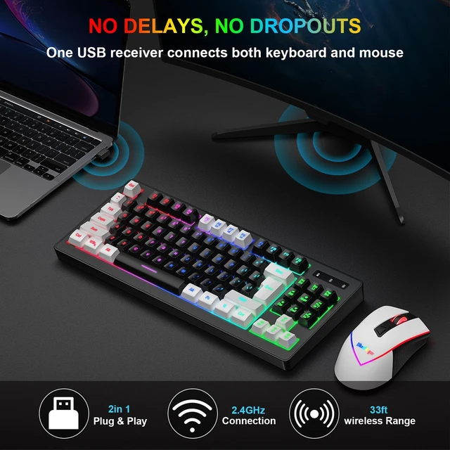 Alt view image 5 of 7 - BlueFinger Wireless Gaming Keyboard and Mouse Combo, RGB Rainbow Backlit Rechargeable Battery, 87 Keys TKL Light Up Keyboard with Ergonomic Gaming Mouse for Mac Laptop Computer PC Gamer(White & Black)