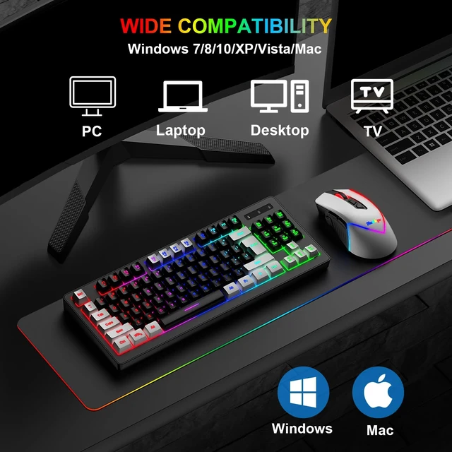 Alt view image 7 of 7 - BlueFinger Wireless Gaming Keyboard and Mouse Combo, RGB Rainbow Backlit Rechargeable Battery, 87 Keys TKL Light Up Keyboard with Ergonomic Gaming Mouse for Mac Laptop Computer PC Gamer(White & Black)