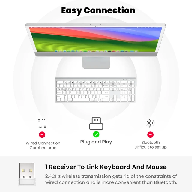 Alt view image 6 of 7 - Rechargeable Full Size Wireless Keyboard and Mouse Combo - Silver | Full size quiet scissor-switch keyboard with number pad, right handed mouse, connect via single included USB-A Nano Receiver