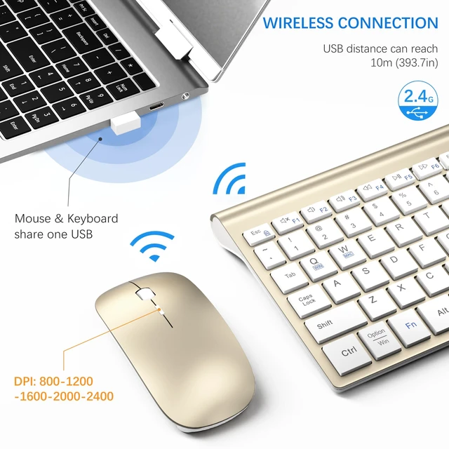 Alt view image 3 of 6 - Wireless Keyboard and Mouse Ultra Slim Combo with Dual System -Gold White | TopMate 2.4G Silent Compact 2400DPI Mouse and Scissor Switch Keyboard Set with Cover and Batteries for PC/Laptop/Windows/Mac