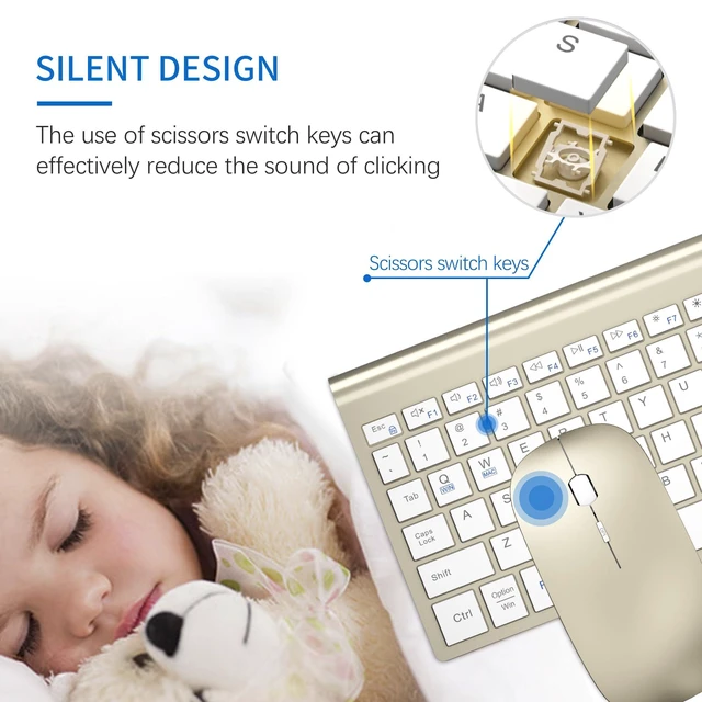 Alt view image 2 of 6 - Wireless Keyboard and Mouse Ultra Slim Combo with Dual System -Gold White | TopMate 2.4G Silent Compact 2400DPI Mouse and Scissor Switch Keyboard Set with Cover and Batteries for PC/Laptop/Windows/Mac