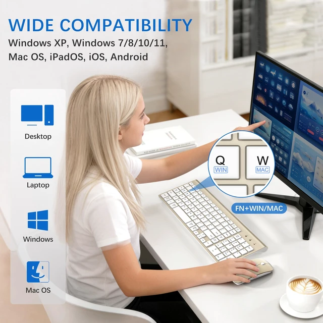 Alt view image 4 of 6 - Wireless Keyboard and Mouse Ultra Slim Combo with Dual System -Gold White | TopMate 2.4G Silent Compact 2400DPI Mouse and Scissor Switch Keyboard Set with Cover and Batteries for PC/Laptop/Windows/Mac