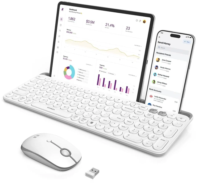 Main image of CTU-301 Bluetooth Keyboard and Mouse Combo for iPad,White | Bluetooth+2.4G combo with tablet holder, full-size keys and quiet clicks for iPad, iPhone, Mac, Windows and Android.