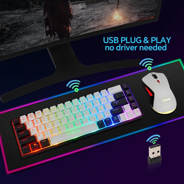 Alt view image 7 of 7 - 60% Wireless Gaming Keyboard and Mouse Combo, RGB Backlit Rechargeable | LED Light Up keyboards, Wireless Gaming Mouse and Keyboard for Xbox PS4 PS5 PC Laptop (Black-white)