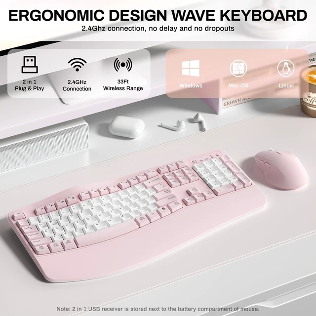 Alt view image 2 of 7 - Wireless Keyboard and Mouse Combo,2.4G Ergonomic Wave Keys(Pink & White-B) | Full Size Cordless Keyboard with Wrist Rest3-Level DPI Ergonomic Mouse for Office and Home,Windows/Mac OS/Desktop/Laptop/PC