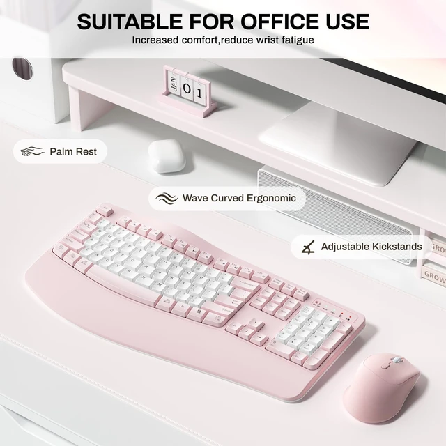 Alt view image 3 of 7 - Wireless Keyboard and Mouse Combo,2.4G Ergonomic Wave Keys(Pink & White-B) | Full Size Cordless Keyboard with Wrist Rest3-Level DPI Ergonomic Mouse for Office and Home,Windows/Mac OS/Desktop/Laptop/PC