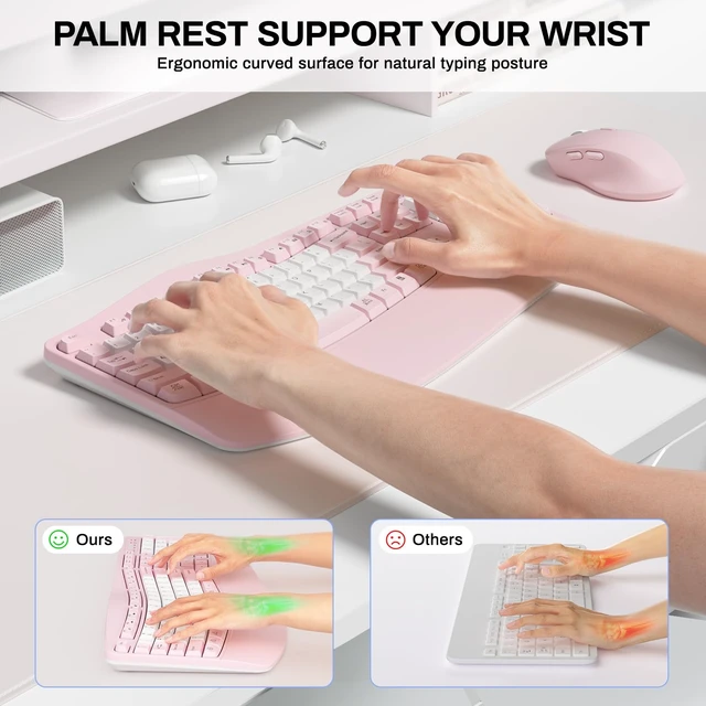 Alt view image 4 of 7 - Wireless Keyboard and Mouse Combo,2.4G Ergonomic Wave Keys(Pink & White-B) | Full Size Cordless Keyboard with Wrist Rest3-Level DPI Ergonomic Mouse for Office and Home,Windows/Mac OS/Desktop/Laptop/PC