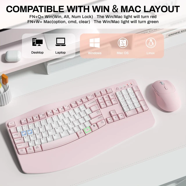 Alt view image 5 of 7 - Wireless Keyboard and Mouse Combo,2.4G Ergonomic Wave Keys(Pink & White-B) | Full Size Cordless Keyboard with Wrist Rest3-Level DPI Ergonomic Mouse for Office and Home,Windows/Mac OS/Desktop/Laptop/PC