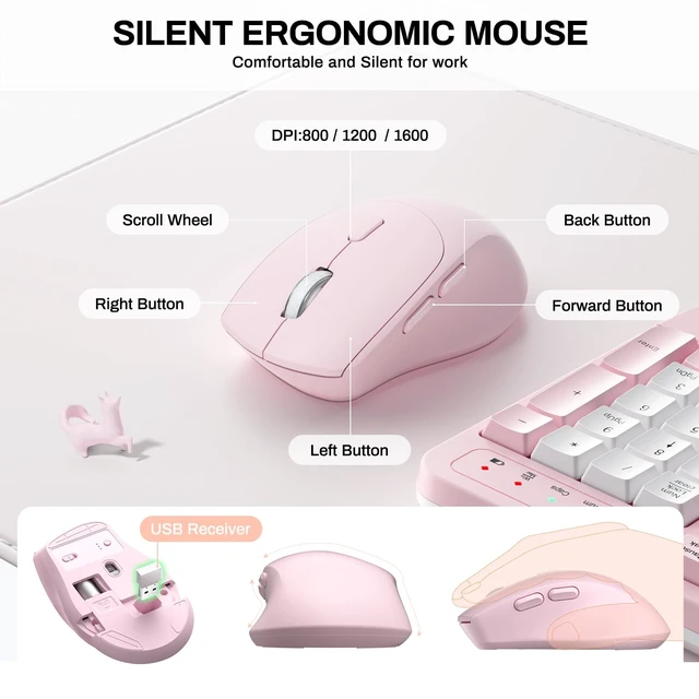 Alt view image 7 of 7 - Wireless Keyboard and Mouse Combo,2.4G Ergonomic Wave Keys(Pink & White-B) | Full Size Cordless Keyboard with Wrist Rest3-Level DPI Ergonomic Mouse for Office and Home,Windows/Mac OS/Desktop/Laptop/PC