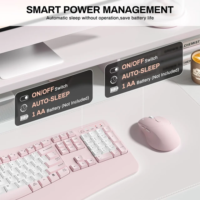 Alt view image 6 of 7 - Wireless Keyboard and Mouse Combo,2.4G Ergonomic Wave Keys(Pink & White-B) | Full Size Cordless Keyboard with Wrist Rest3-Level DPI Ergonomic Mouse for Office and Home,Windows/Mac OS/Desktop/Laptop/PC