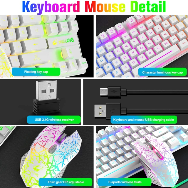 Alt view image 7 of 7 - Wireless RGB Backlit Gaming Keyboard Mouse Combo,Rechargeable 3800mAh Battery, 87-Key Mechanical Feel Keyboard, Quiet Mouse and Mouse Pad for Gamers and Office Typists(White)
